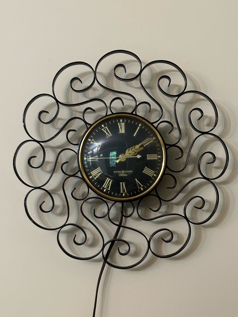 True Vintage Mid Century 1950's Classic Black Metal Scroll Wall Clock